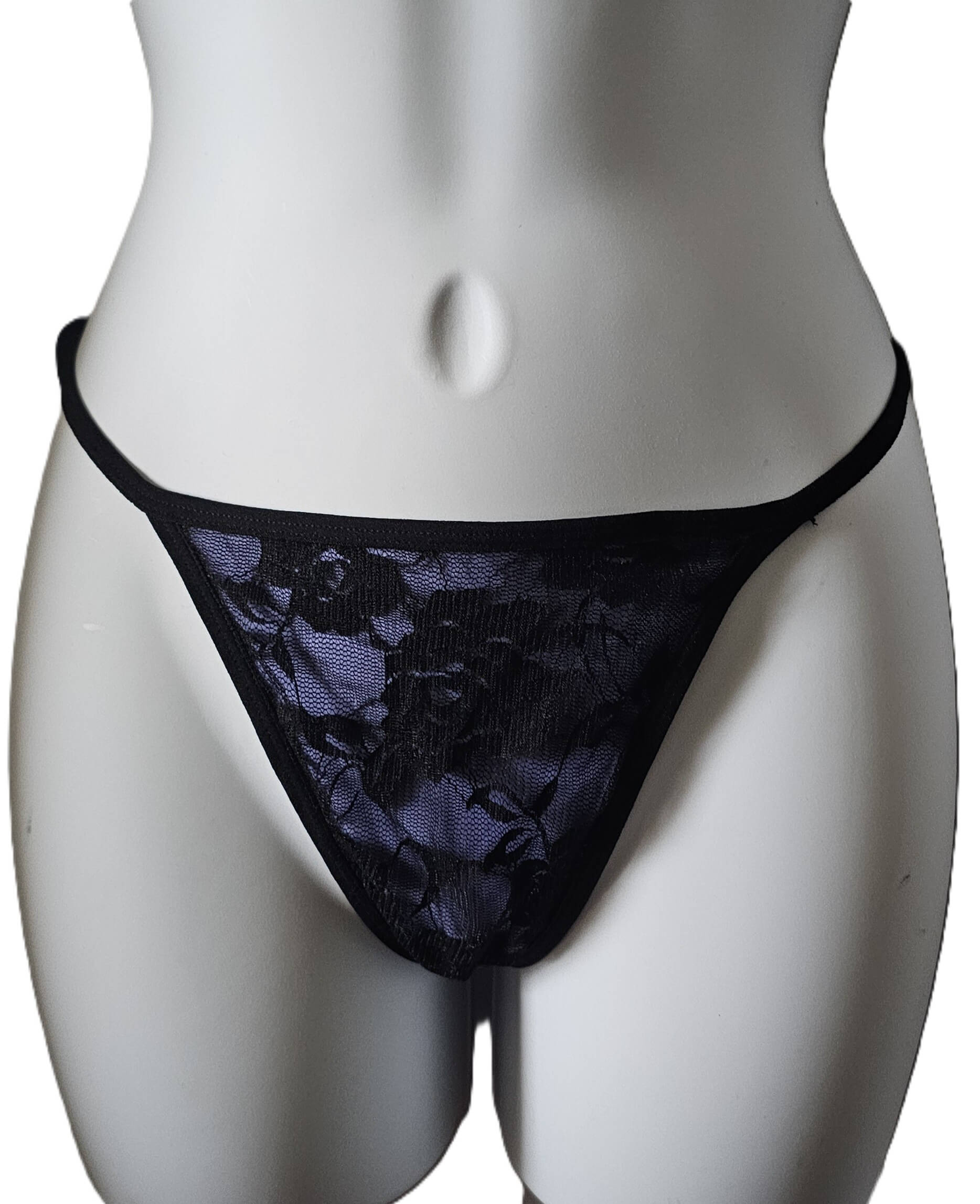 Black lace thong underwear displayed on a white mannequin torso against a white background. Periwinkle Floral Lace Slip Dress & Thong Lingerie Set - Medium
