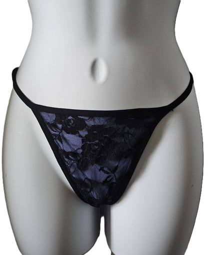 Black lace thong underwear displayed on a white mannequin torso against a white background. Periwinkle Floral Lace Slip Dress & Thong Lingerie Set - Medium