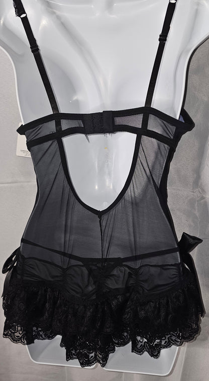 Rene Rofe periwinkle floral lace chemise showing sheer back with three rows of black lace detail — back view