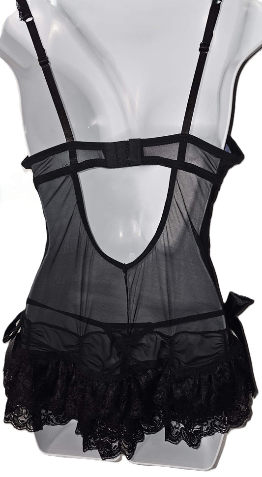 Black sheer mesh lingerie dress with thin shoulder straps, a deep open back, strappy harness-style detailing, and a ruffled lace hem, displayed on a white mannequin torso. Periwinkle Floral Lace Slip Dress & Thong Lingerie Set - Medium