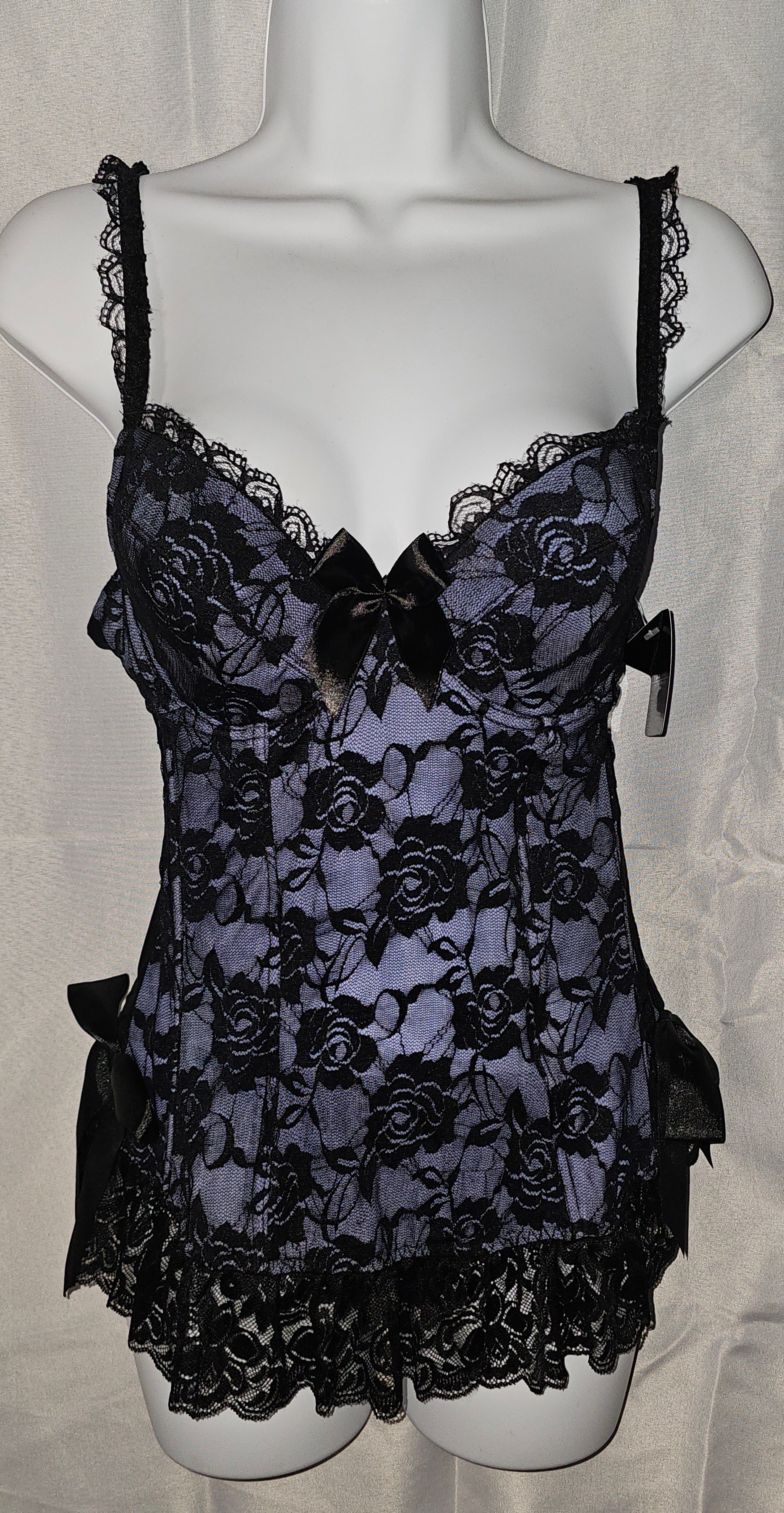 Rene Rofe periwinkle floral lace chemise slip dress with black lace overlay, silky hip bows, and lace-trimmed straps — front view
