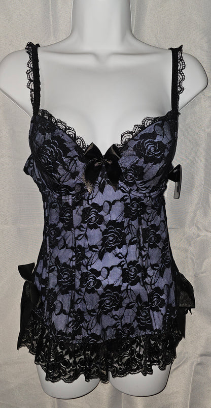 Rene Rofe periwinkle floral lace chemise slip dress with black lace overlay, silky hip bows, and lace-trimmed straps — front view