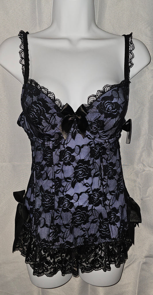 Rene Rofe periwinkle floral lace chemise slip dress with black lace overlay, silky hip bows, and lace-trimmed straps — front view