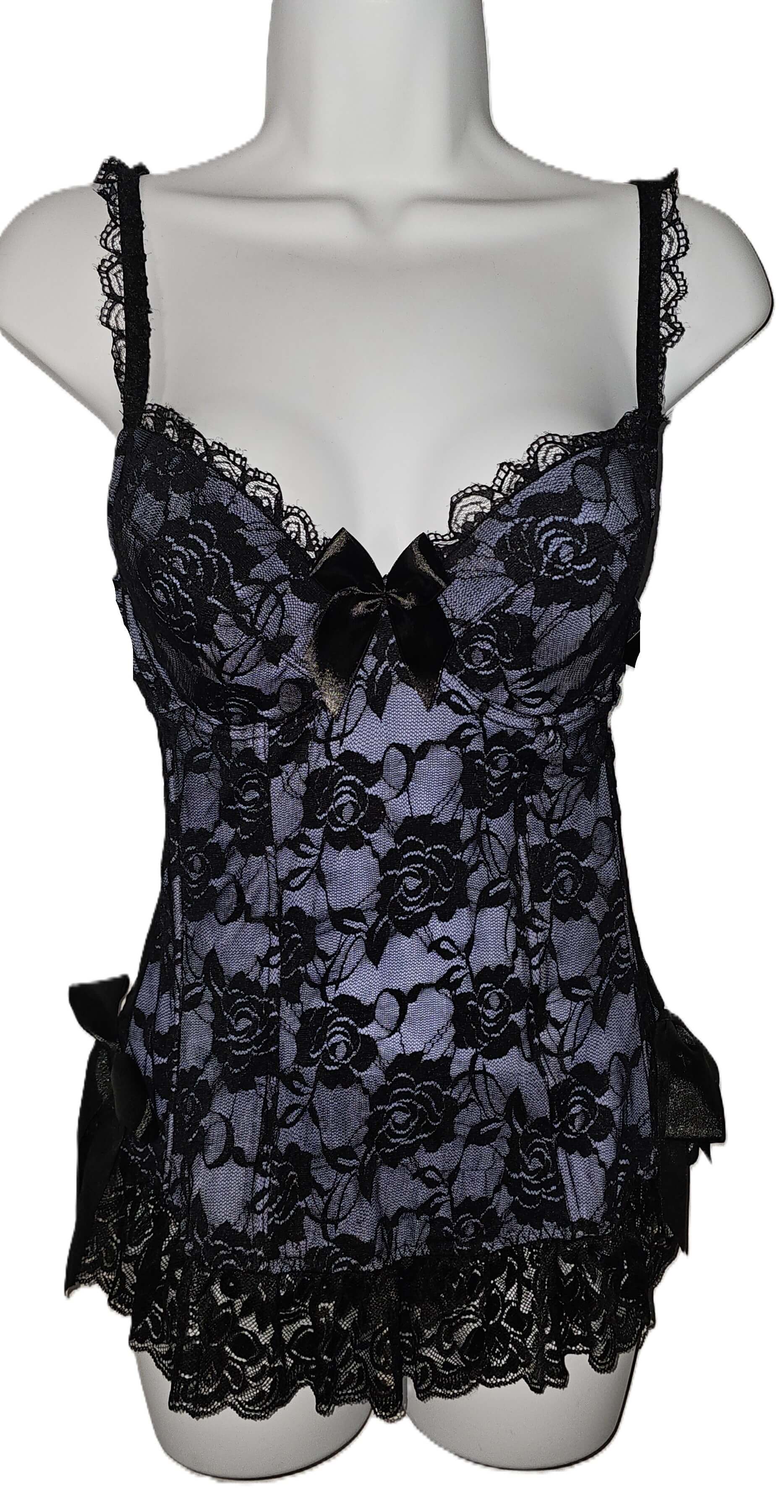 Periwinkle Floral Lace Slip Dress & Thong Lingerie Set - Medium - front view