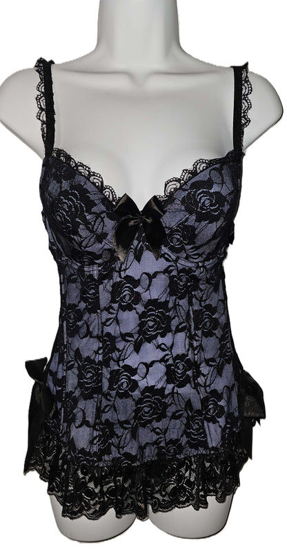 Periwinkle Floral Lace Slip Dress & Thong Lingerie Set - Medium - front view