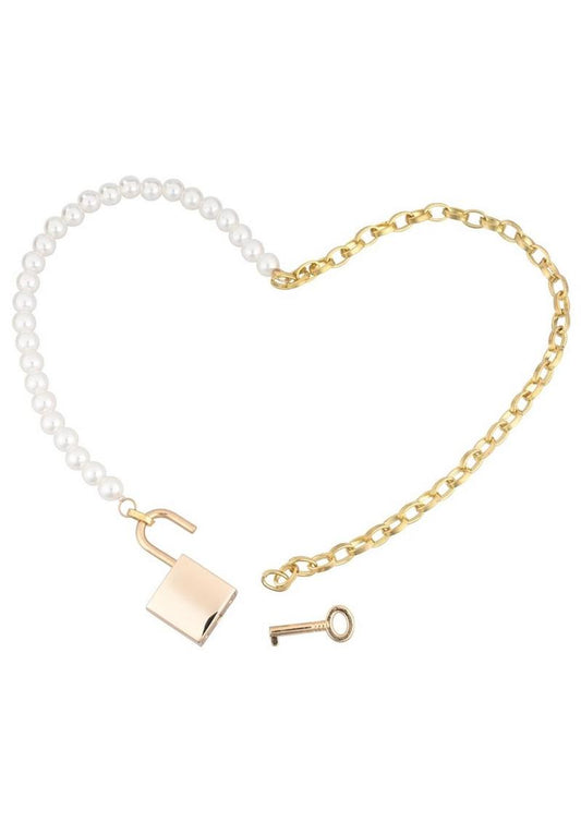 Sex & Mischief Pearl Day Collar - White/Gold, positioned to look like a heart, on a white background