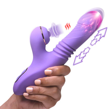 Shegasm Pro-Thrust Max Rechargeable Silicone Thrusting & Pulsing Rabbit vibrator held in a hand with arrows indicating movement on a white background