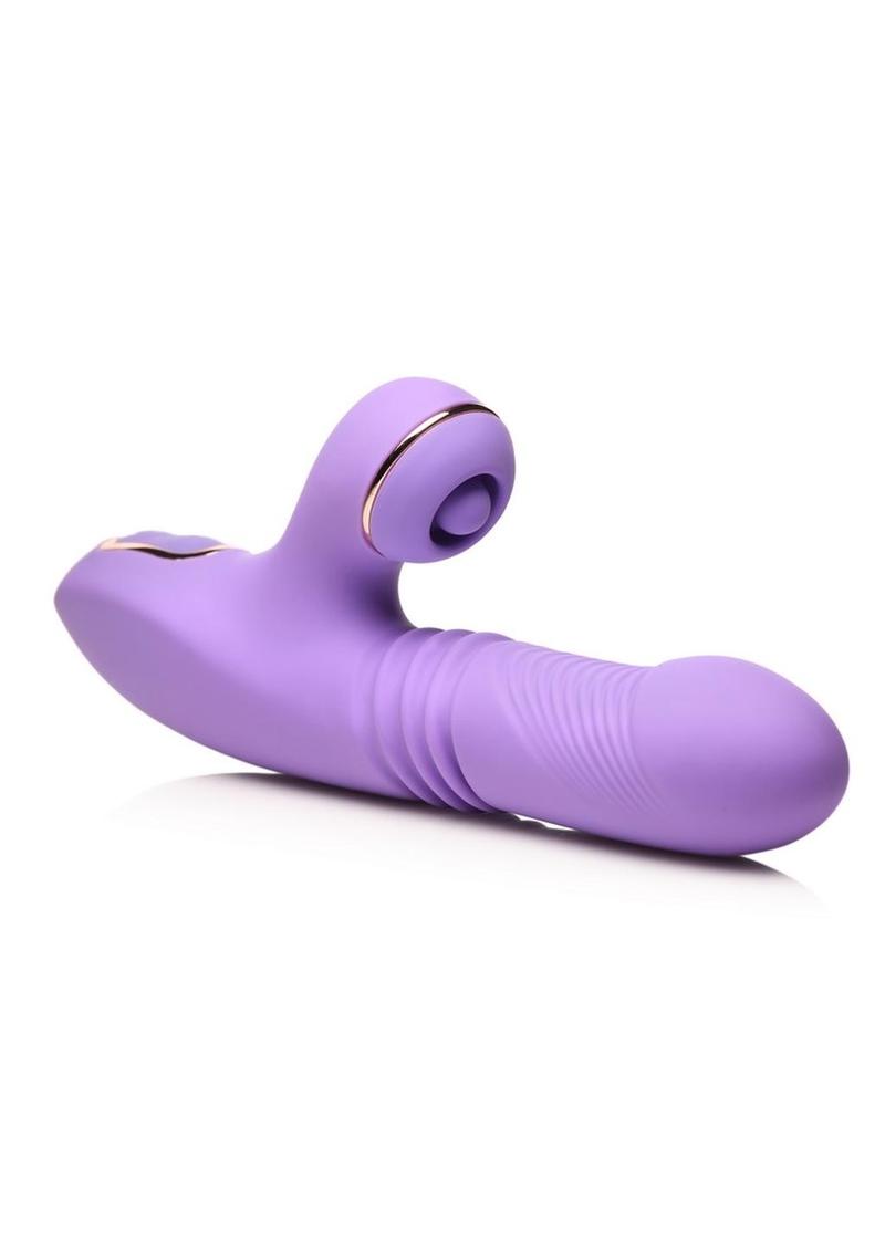 Purple Shegasm Pro-Thrust Max Rechargeable Silicone Thrusting & Pulsing Rabbit vibrator on a white background