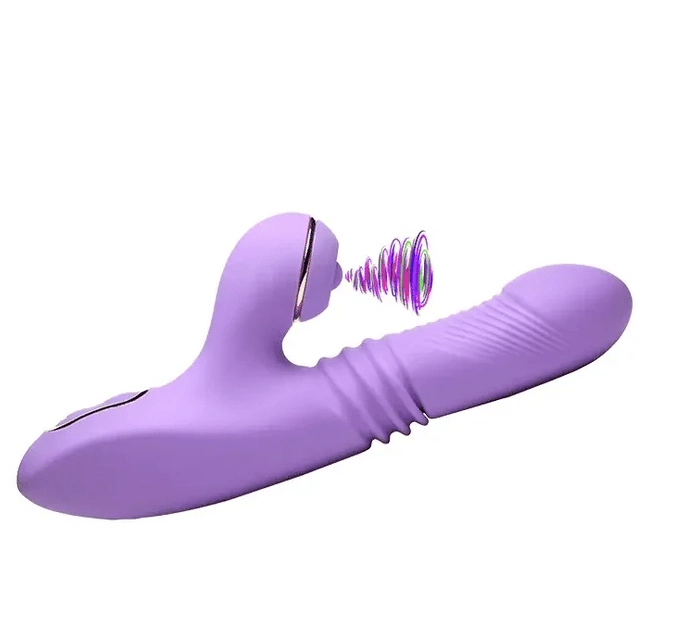 Shegasm Pro-Thrust Max Rechargeable Silicone Thrusting & Pulsing Rabbit - Purple personal massager with a textured shaft and a curved, rounded head, shown against a plain white background with a colorful sound wave graphic near the head.