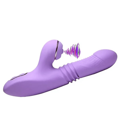 Shegasm Pro-Thrust Max Rechargeable Silicone Thrusting & Pulsing Rabbit - Purple personal massager with a textured shaft and a curved, rounded head, shown against a plain white background with a colorful sound wave graphic near the head.