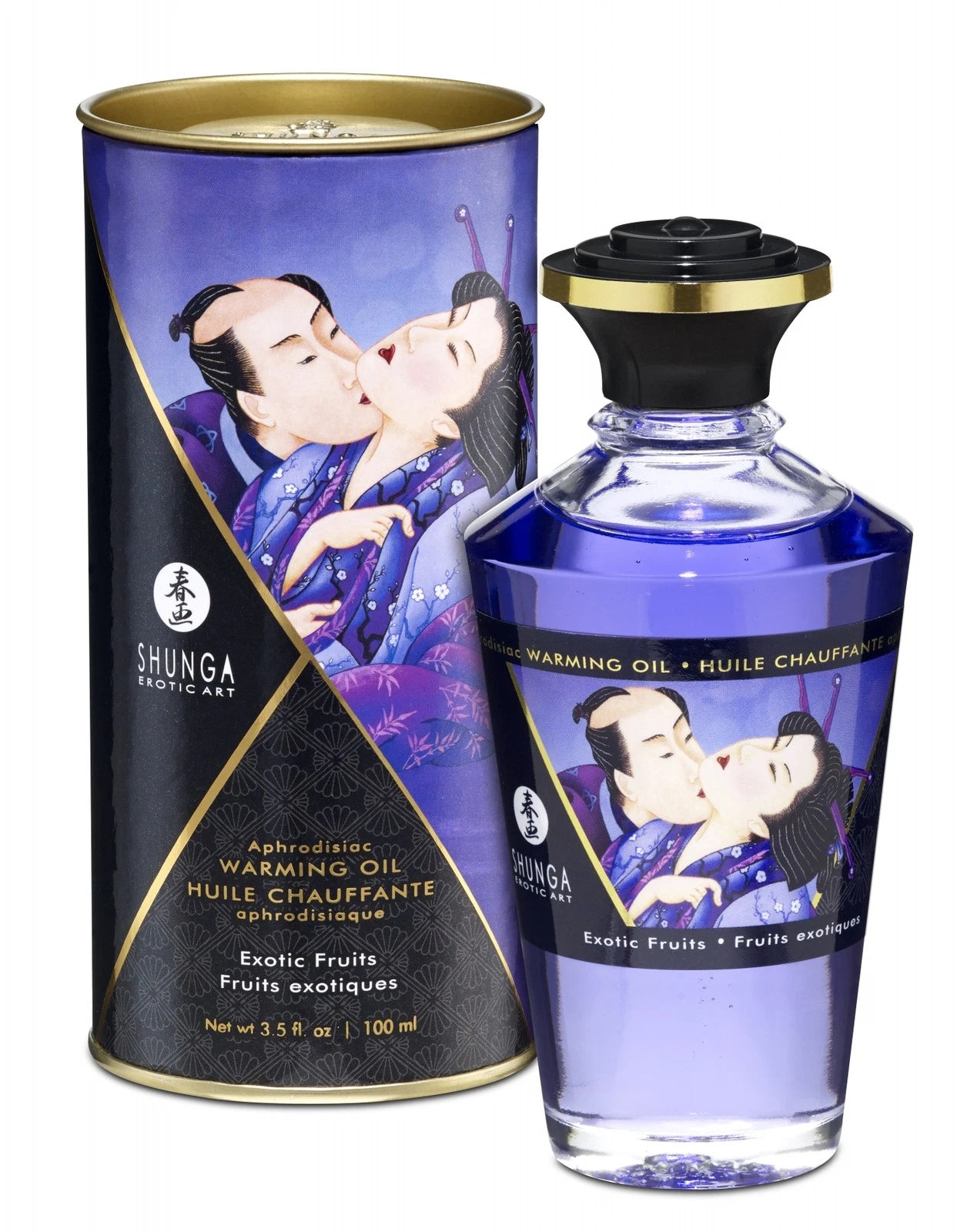 Shunga warming oil Exotic Fruits packaging with a couple in traditional Japanese clothing on a white background
