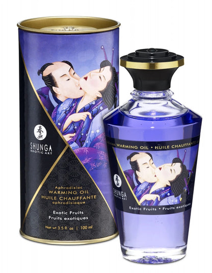 Shunga warming oil Exotic Fruits packaging with a couple in traditional Japanese clothing on a white background