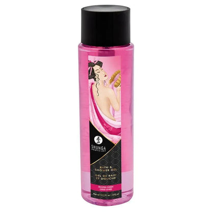 A bottle of Shunga Bath & Body Gel de Bain in Frosted Cherry featuring a translucent pink bottle with a black cap and a vintage-style label illustration on a white background.