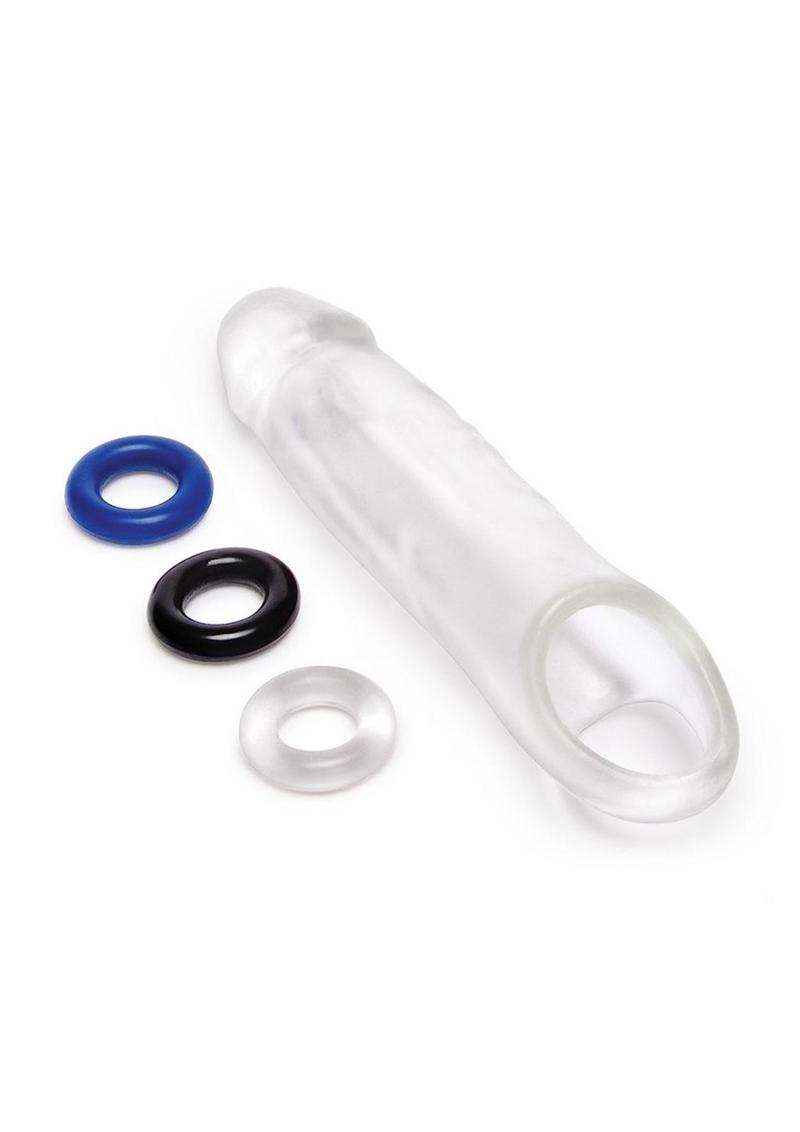 Size Up Classic Clear View Penis Extender with Ball Loop 1in with free cockrings featured on white background
