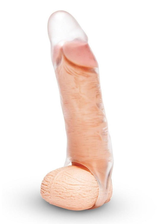 Size Up Classic Clear View Penis Extender with Ball Loop 1in on a penis on white background