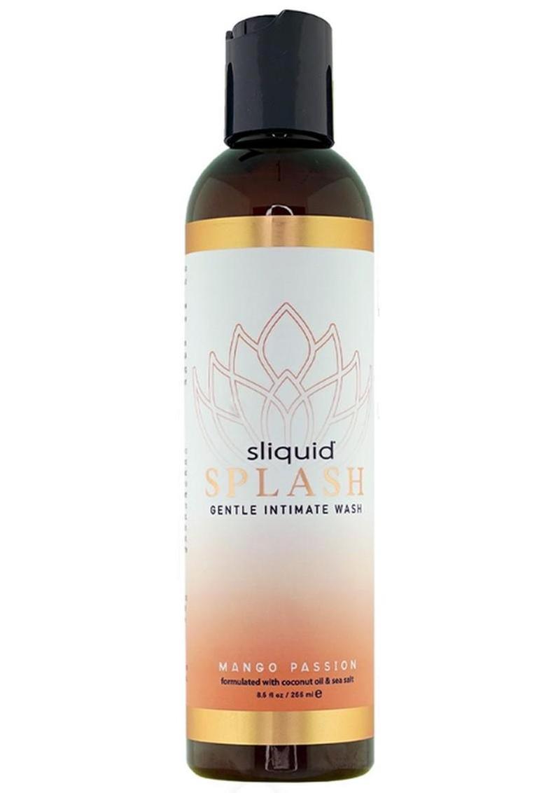 A bottle of Sliquid Splash Feminine Wash - 8.5 oz Mango Passion on a white background.