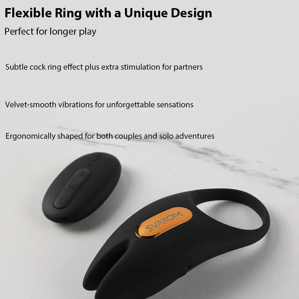 Svakom WINNI 2 Interactive Vibrating Rabbit Cock Ring with app control and remote control with flexible ring and unique design on white background.