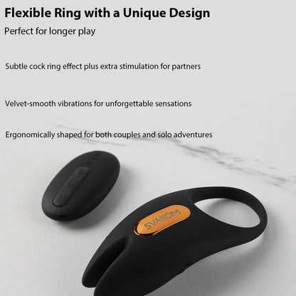 Svakom WINNI 2 Interactive Vibrating Rabbit Cock Ring with app control and remote control with flexible ring and unique design on white background.