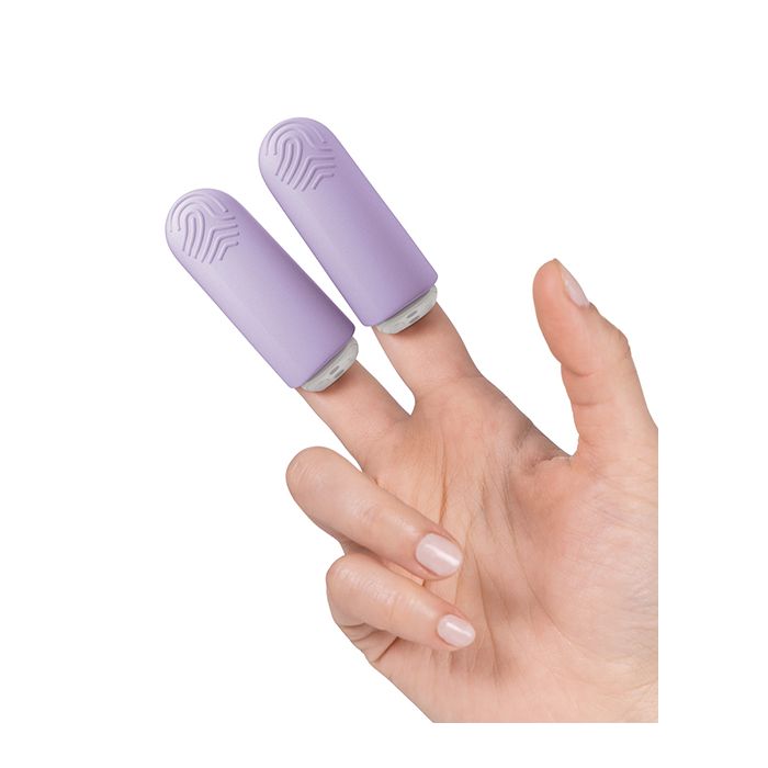  JIMMYJANE® Hello Touch® Pro Rechargeable Finger Vibrators being modeled on fingers of hand model.