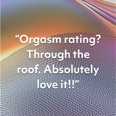 Text on a textured background with colorful gradient expressing happiness with Womanizer Next Air Pleasure toy.
