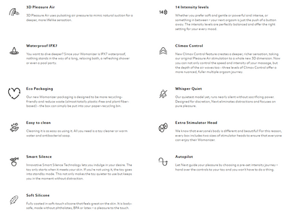 List of features and specifications on a white background for the Womanizer Next 3D Air Stimulator with Climax Control.