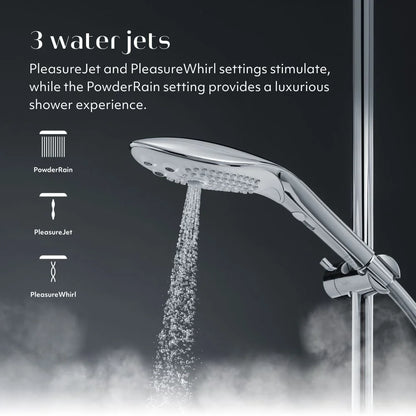 Womanizer WAve Shower head with water jets labeled PowderRain, PleasureJet, and PleasureWhirl on a dark background.