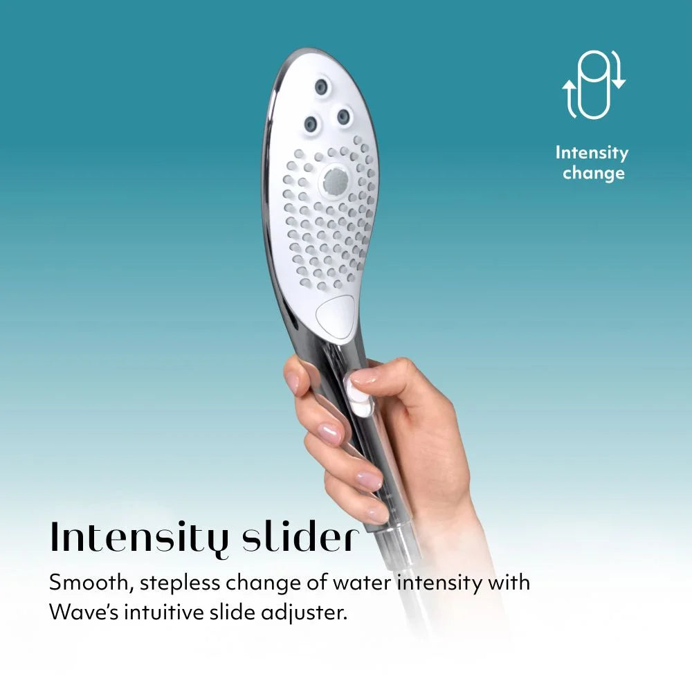 Womanizer Wave Handheld shower head with intensity slider held by a hand against a gradient blue background