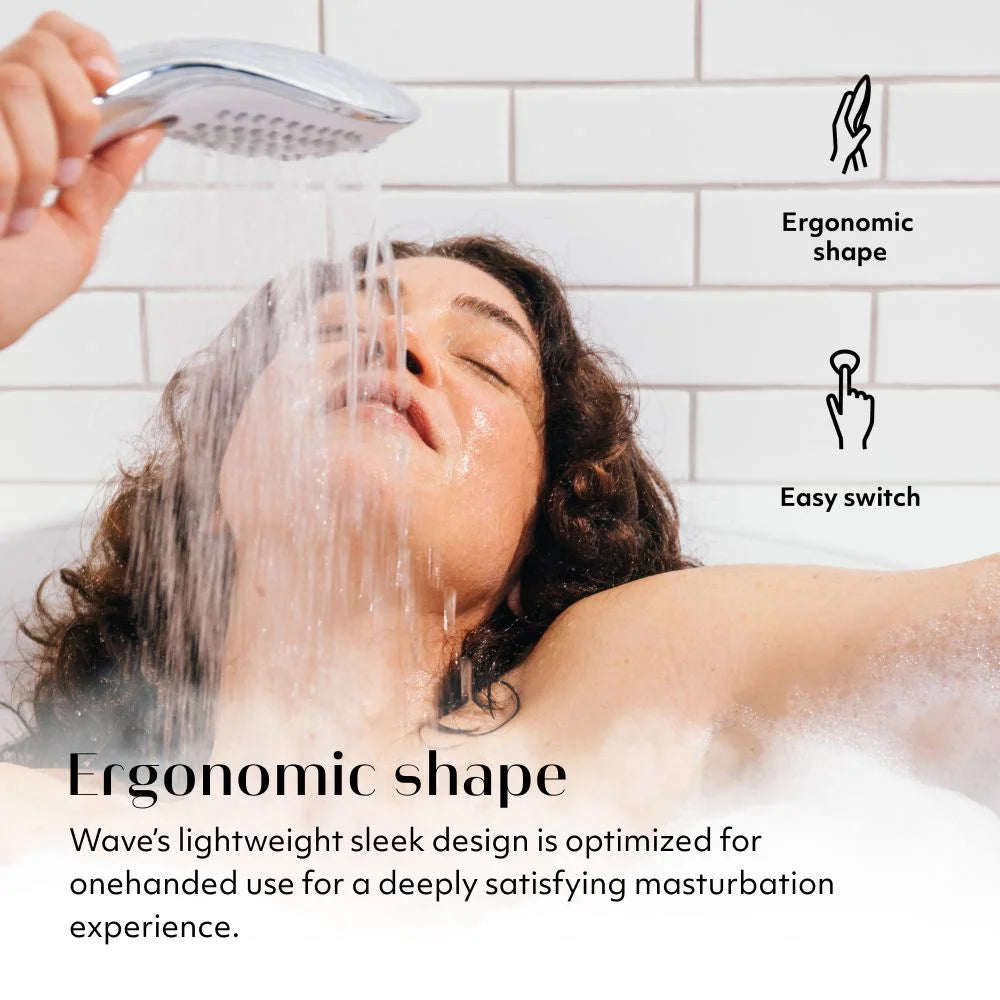 Person using a Womanizer Wave masturbation shower head with text about ergonomic design and easy switch.