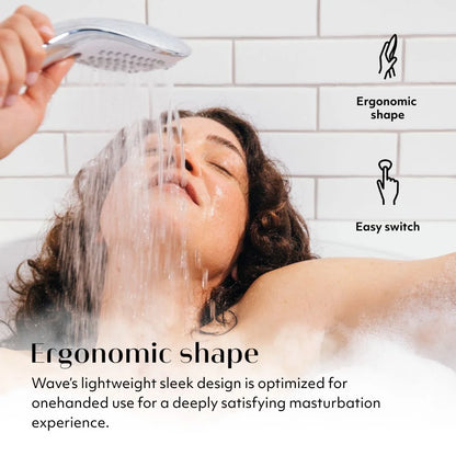 Person using a Womanizer Wave masturbation shower head with text about ergonomic design and easy switch.