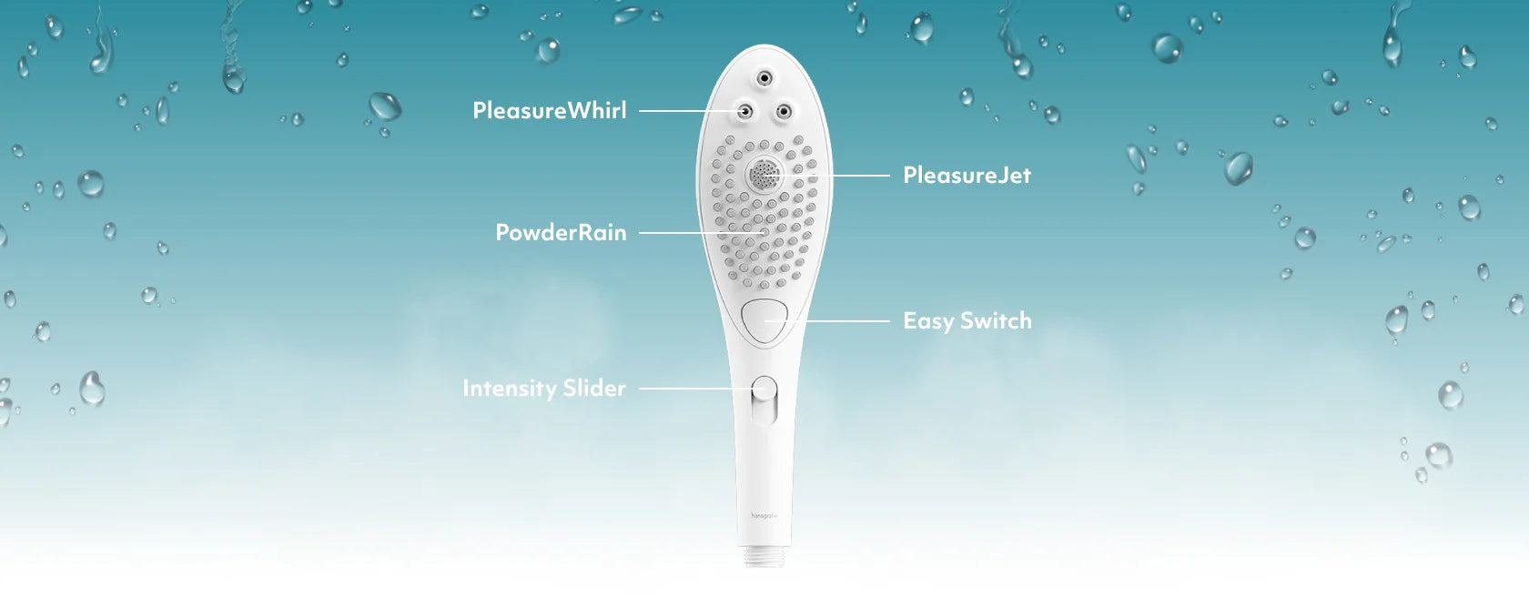 Womanizer Wave Chrome handheld showerhead with labeled features on a blue water droplet background