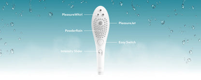Womanizer Wave Chrome handheld showerhead with labeled features on a blue water droplet background