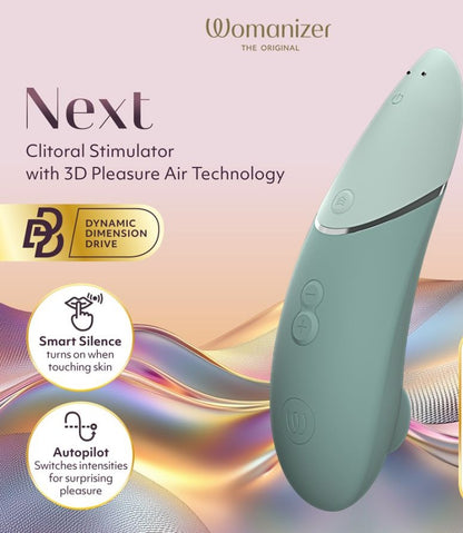 Womanizer Next 3D Air Stimulator with Climax Control smart silence and autopilot features explained.