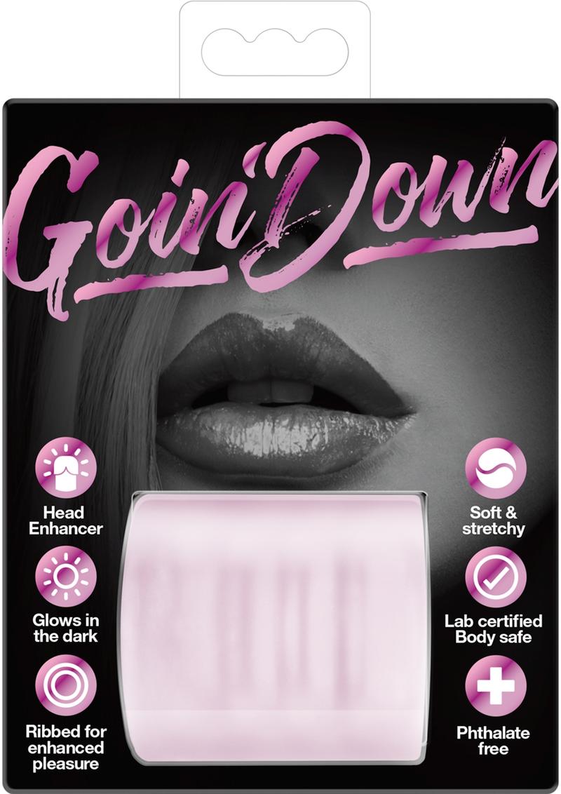 Product packaging for Blush Novelties  X5 Men Goin' Down pink BJ Masturbator enhancer,  labeled as soft, stretchy, lab-certified, body-safe, and phthalate-free.