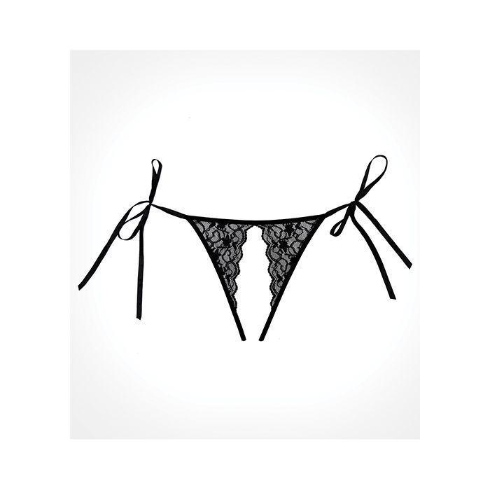 adore lolita crotchless lace black panty front view with side hip ties one size fits all, on white background