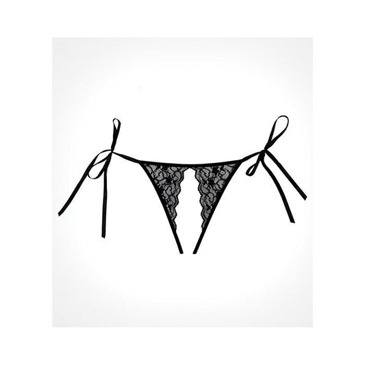adore lolita crotchless lace black panty front view with side hip ties one size fits all, on white background