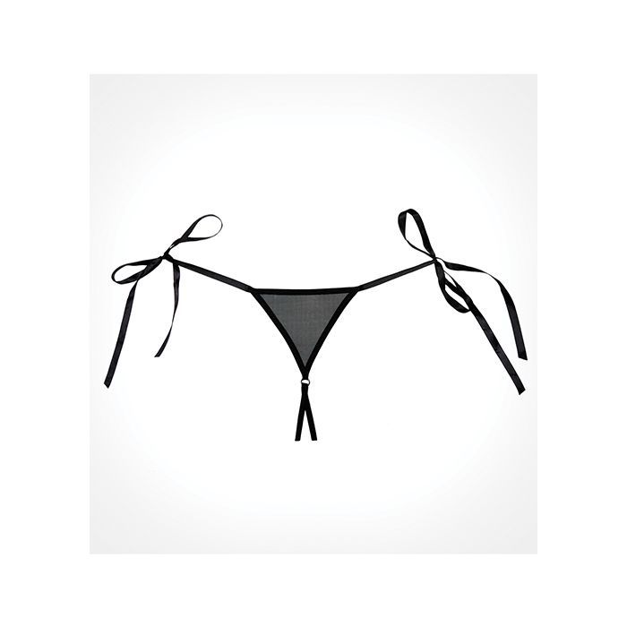 Adore Allure crotchless lace black panty with hip ties one size, on a white background
