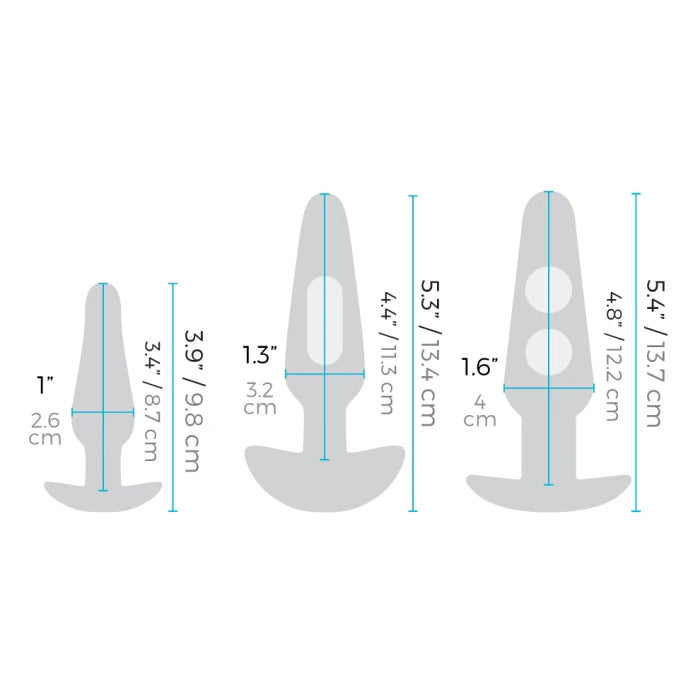Measurement chart of different sizes of anal plugs in b-vibe anal education kit on a white background