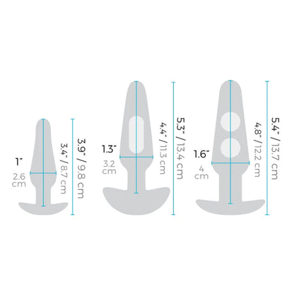 Measurement chart of different sizes of anal plugs in b-vibe anal education kit on a white background