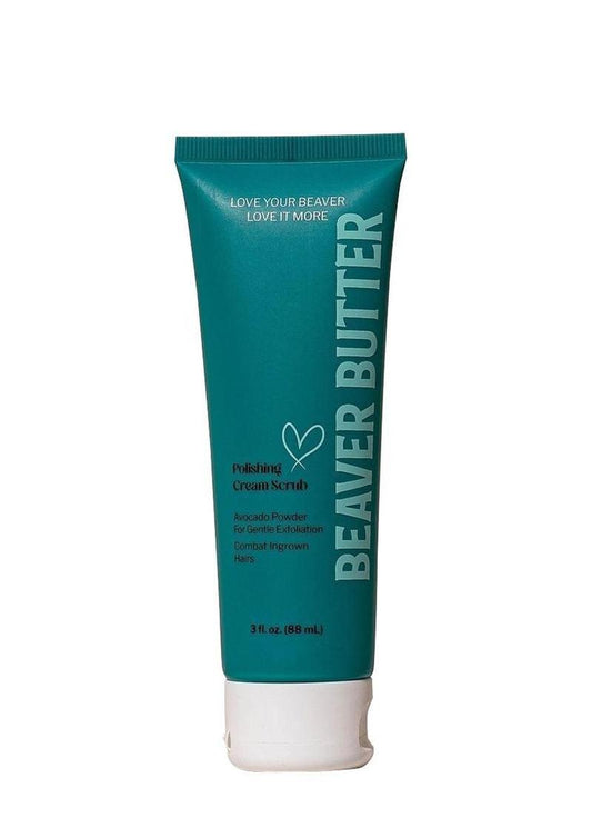 Green tube of Beaver Butter exfoliating polish cream scrub on a white background