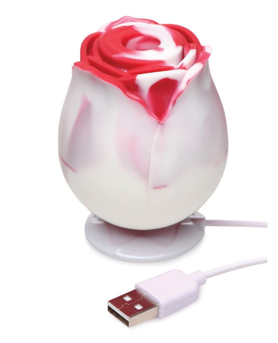 Bloomgasm Rose-shaped vibrator with USB cable on a white background