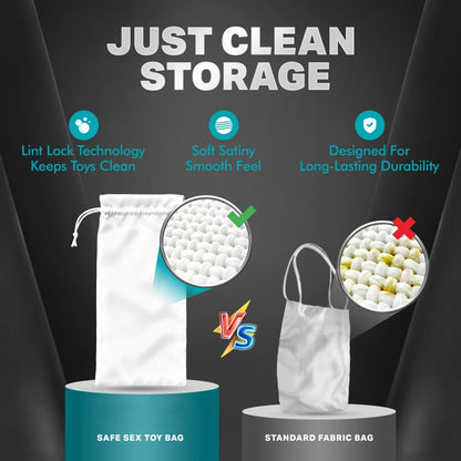 Comparison between 'blush' safe sex toy bag and standard fabric bag with features highlighted.