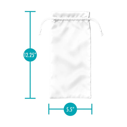 Blush Safe Sex  Adult Toy Storage white drawstring pouch shown on a light gray background with teal dimension lines and circles indicating a height of 12.25 inches and a width of 5.5 inches