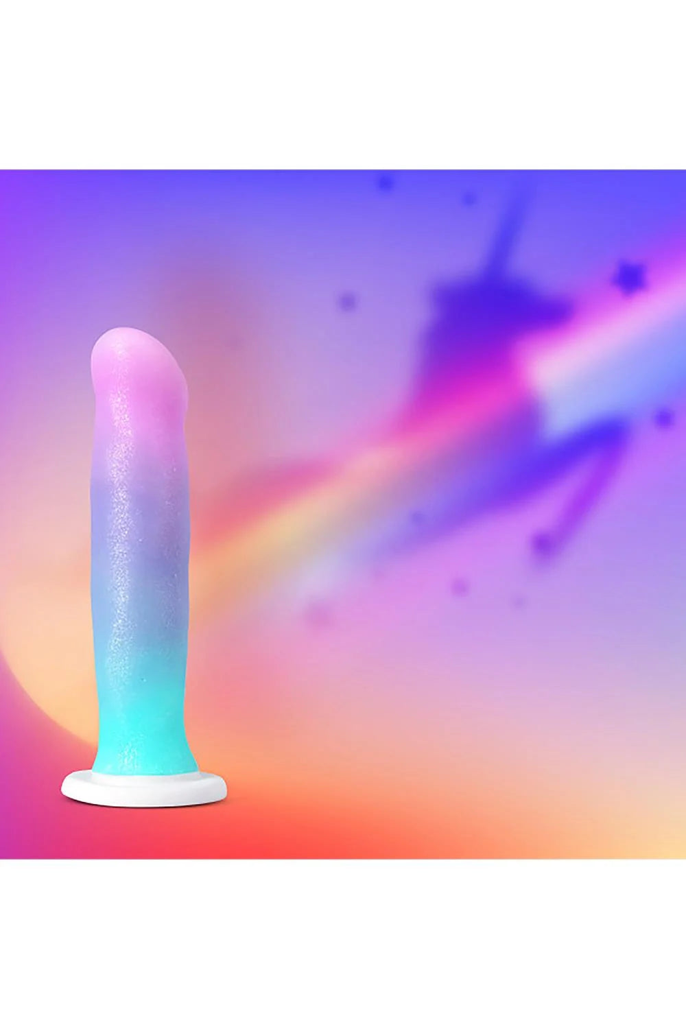 Blush Avant D17 Lucky multi-color silicone dildo, unicorn image in background.