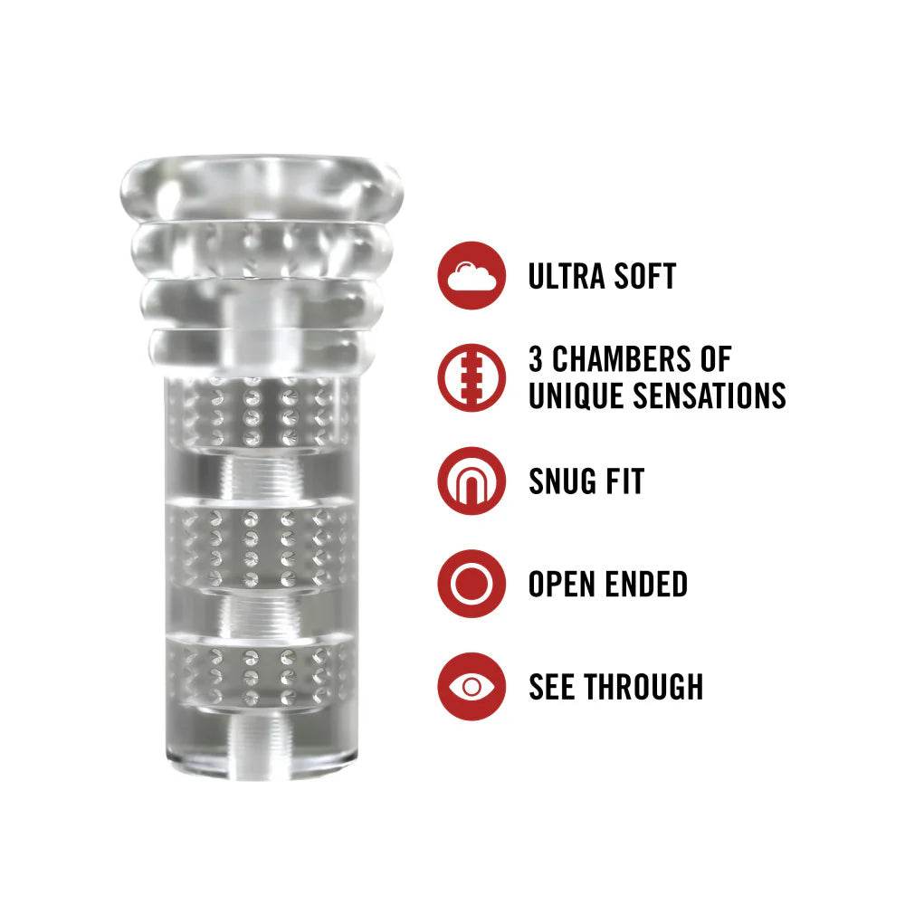 Blush Novelties All In Male Stroker highlighting three unique internal textures and open-ended design.