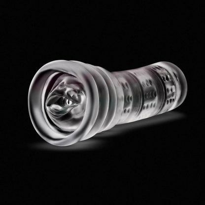 Clear fleshlight Blush rize luz glow in teh dark male stroker showing mouth entry with lips, on a black background