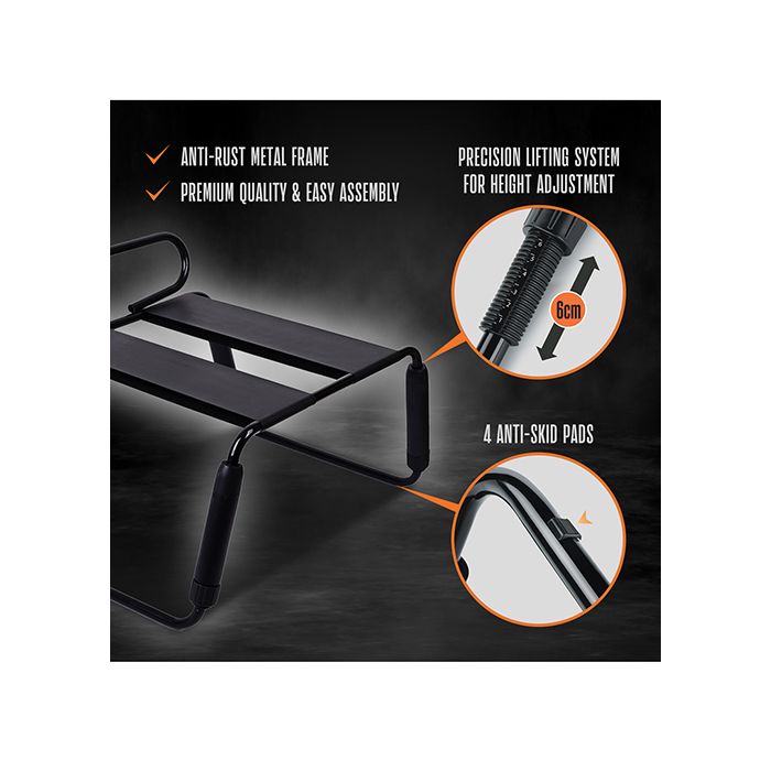 Black metal fitness bench with features highlighted on a dark background regarding the Blush Temptasia Adjustable Surrender Sex Chair