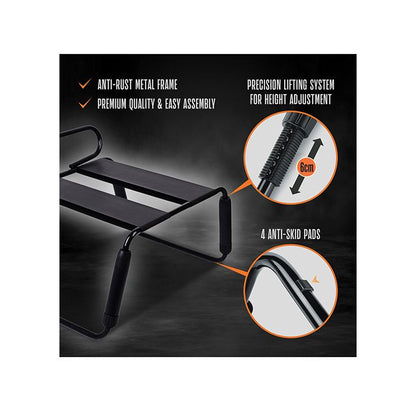 Black metal fitness bench with features highlighted on a dark background regarding the Blush Temptasia Adjustable Surrender Sex Chair