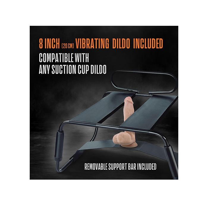 Product packaging with text about a 8-inch vibrating dildo and removable support bar featuring the Blush Temptasia Surrender Sex Chair 