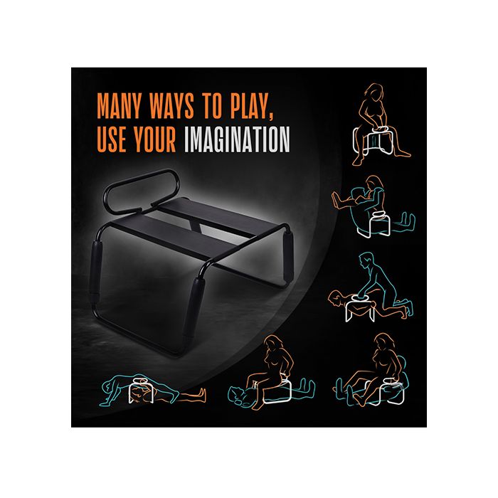 Black adult play gym Blush Temptasia Sex Queening Chair for oral sex with illustrations of people using it and text 'Many ways to play, use your imagination' on a dark background.