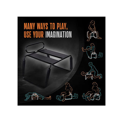 Black adult play gym Blush Temptasia Sex Queening Chair for oral sex with illustrations of people using it and text 'Many ways to play, use your imagination' on a dark background.